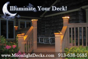 Deck lights, deck lighting, low voltage lighted post caps at night.