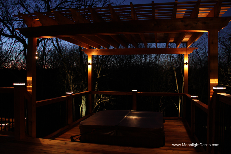 Deck lighting with low voltage lighted post caps / deck lights.