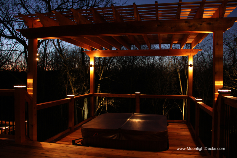 Deck lighting with low voltage lighted post caps / deck lights.