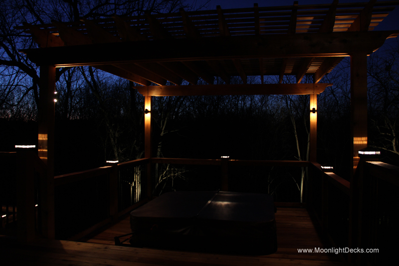 Deck lighting with low voltage lighted post caps / deck lights.