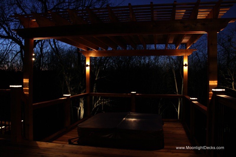 Deck lighting with low voltage lighted post caps / deck lights.
